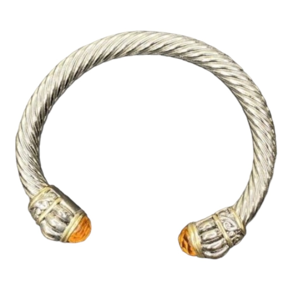 Mogul Style Gripoix Silver Tone Twisted Cable Cuff Bracelet With Amber Cabochon